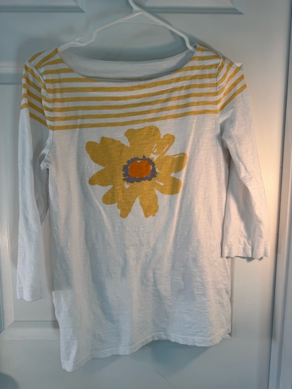 LOFT White Long-Sleeve Tee with Yellow Floral & Stripe Detail